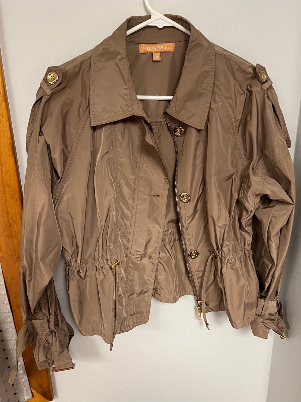 Ellen Tracy Lightweight Taupe Utility Jacket with Drawstring Waist